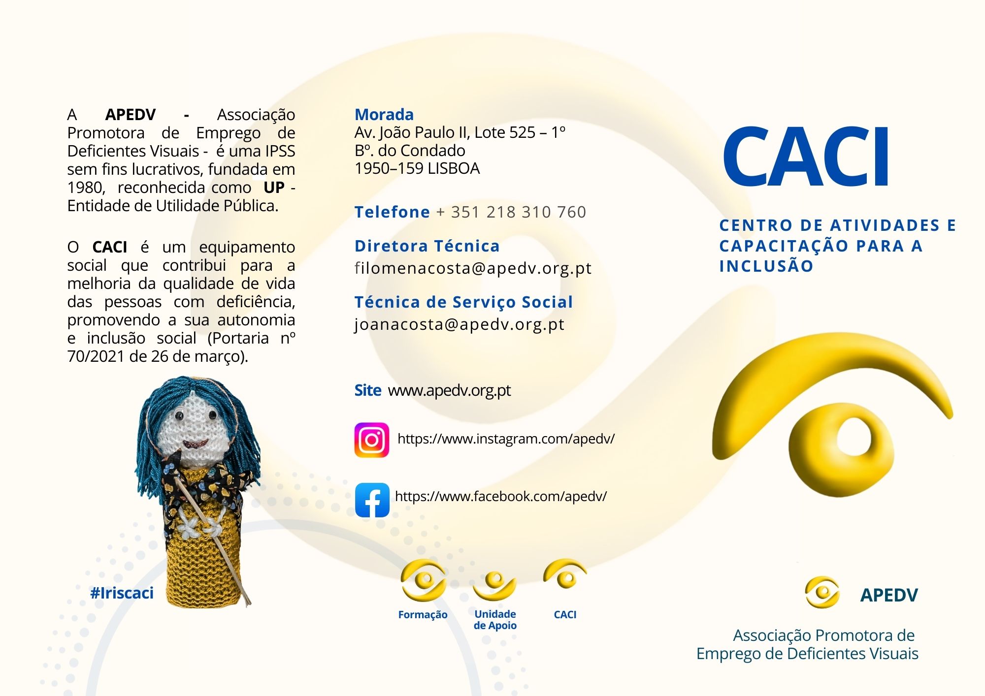 Folheto CACI — frente: destinatários, objetivos, atividades, serviços e colaboradores